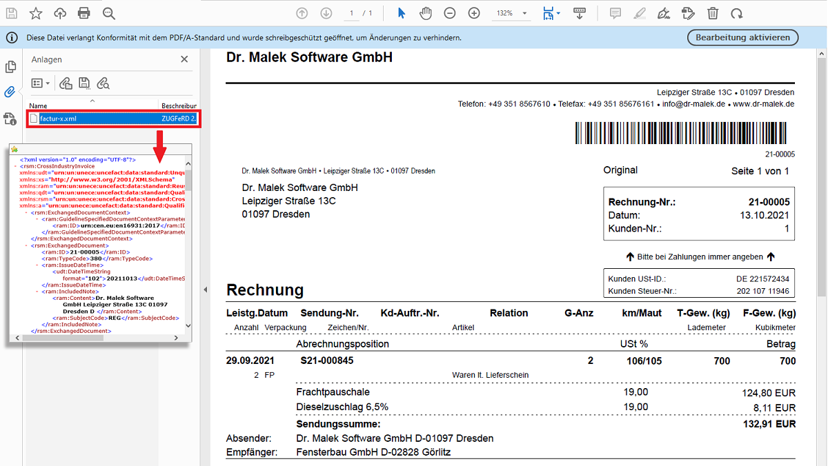 M3 Logisticware® | E-Rechnung im ZUGFeRD-Format mit XLM-Datei